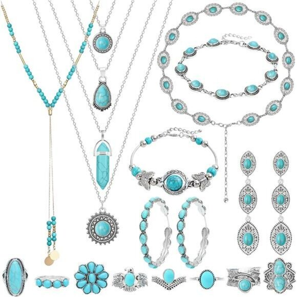 Jewelry - Silver Bohemian Turquoise Jewelry Set Necklace Bracelet Rings Earrings Western